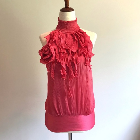 Fun Pink Ruffle Bebe High Neck Halter Top - XS - Picture 3 of 7